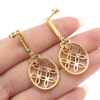 925 Sterling Silver Gold Plated Real Round-Cut Diamond Floral Drop Earrings