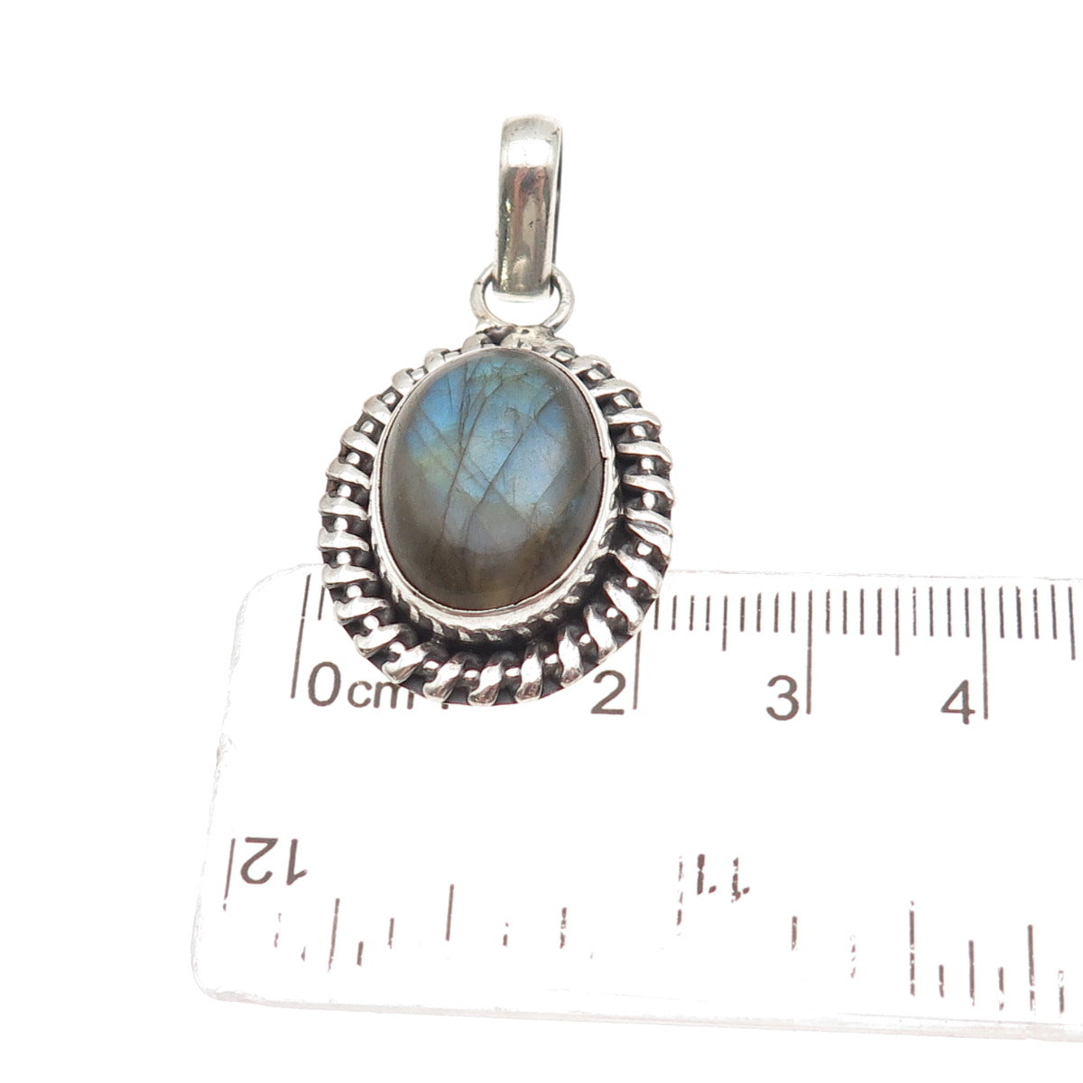 925 Sterling Silver Vintage Real Labradorite Modernist Oxidized Charm Pendant
