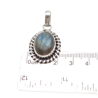 925 Sterling Silver Vintage Real Labradorite Modernist Oxidized Charm Pendant