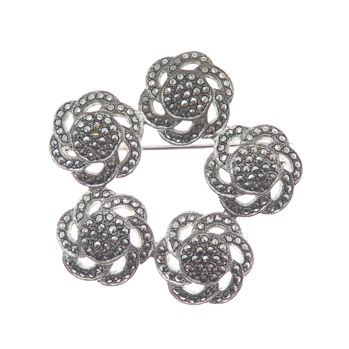 925 Sterling Silver Antique Art Deco Real Marcasite Flower Oxidized Pin Brooch