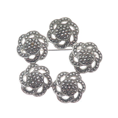 925 Sterling Silver Antique Art Deco Real Marcasite Flower Oxidized Pin Brooch