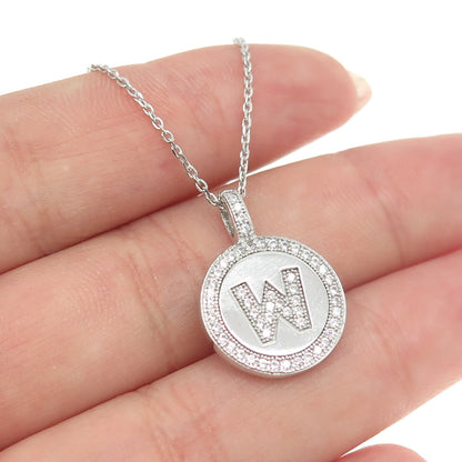 925 Sterling Silver Italy Round-Cut C Z Letter "W" Cable Chain Necklace 16"