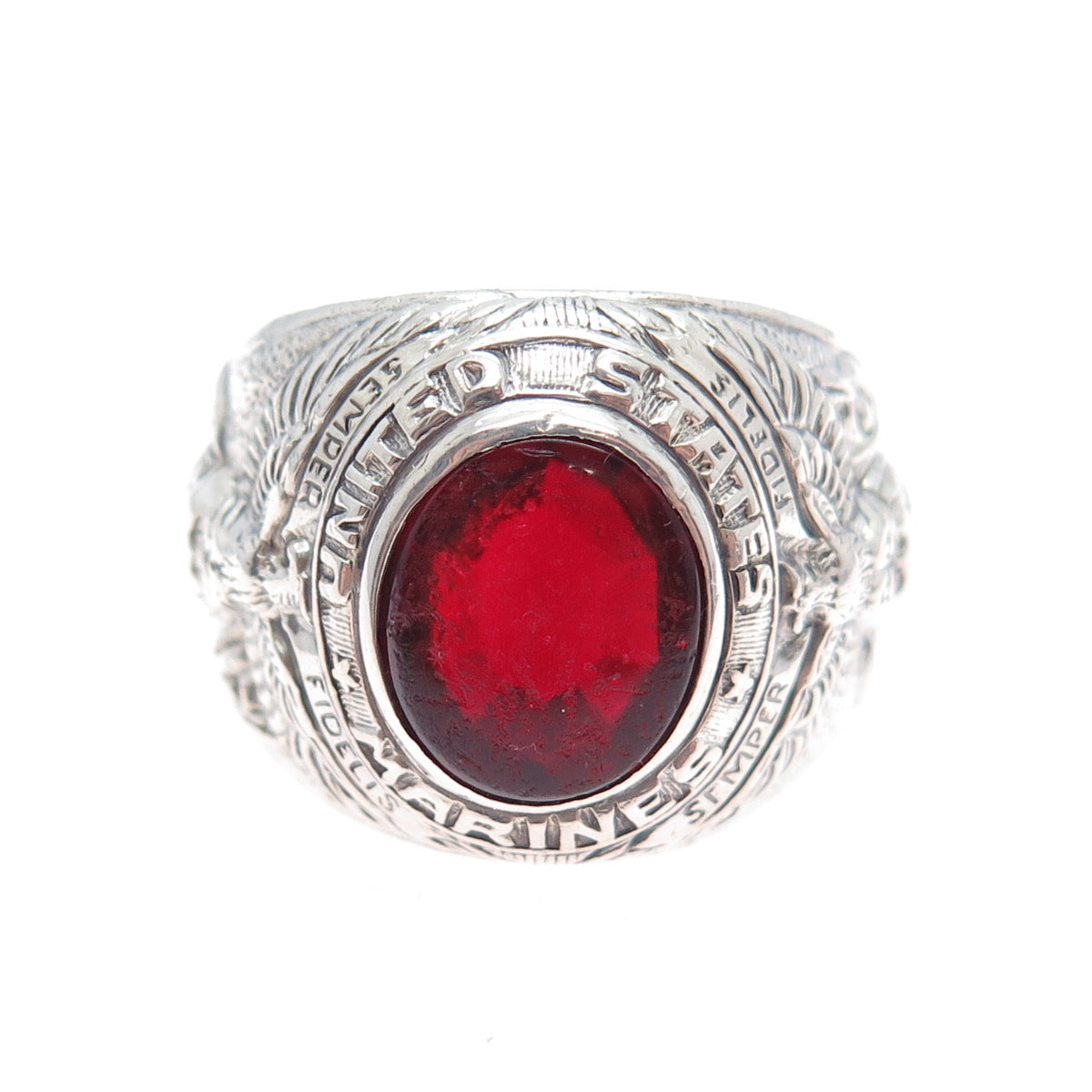 UNCAS 925 Sterling Silver Vintage Red Glass US Marines Signet Ring Size 11