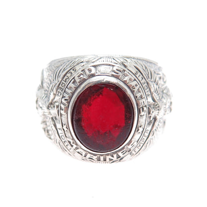 UNCAS 925 Sterling Silver Vintage Red Glass US Marines Signet Ring Size 11