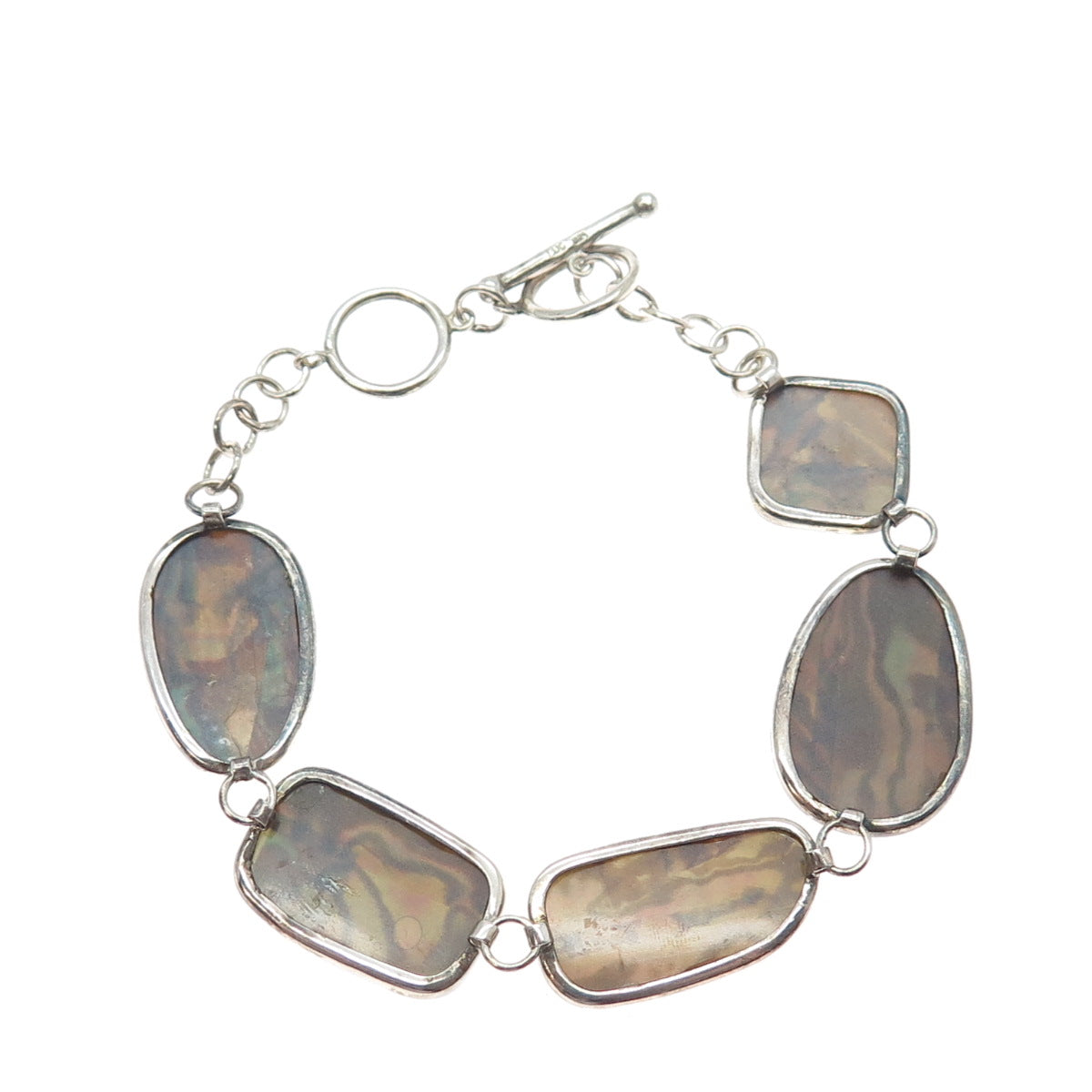 925 Sterling Silver Vintage Real Abalone Shell Modernist Bracelet 6.5-7.5"