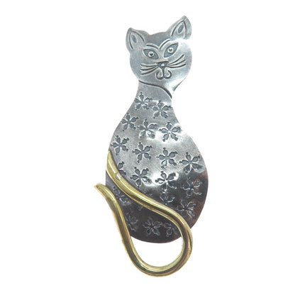 925 Sterling Silver 2-Tone Vintage Mexico Modernist Cat Oxidized Pin Brooch
