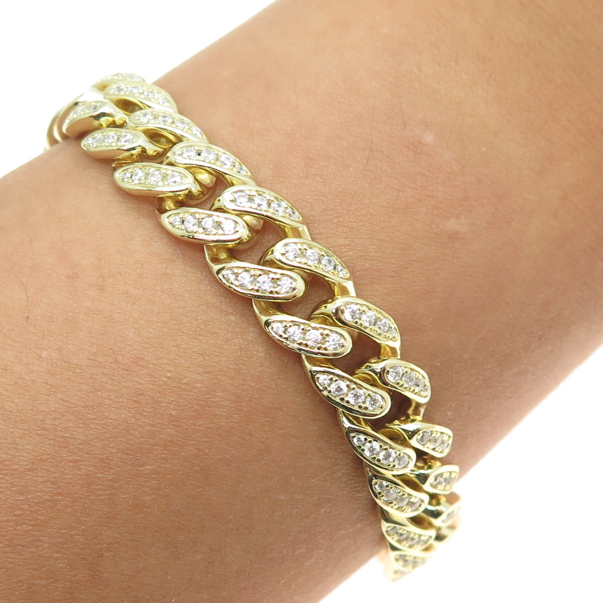 925 Sterling Silver Gold Plated Round-Cut C Z Cuban Link Bracelet 8.5"