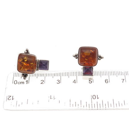 Lori Bonn 925 Sterling Silver Vintage Real Amber & Amethyst Modernist Earrings
