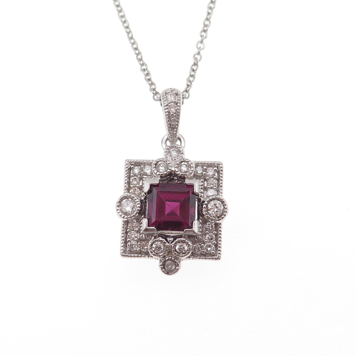 925 Sterling Silver Real Diamond & Rhodolite Cable Chain Necklace 18"