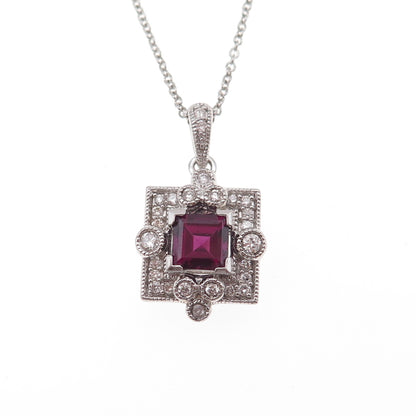 925 Sterling Silver Real Diamond & Rhodolite Cable Chain Necklace 18"