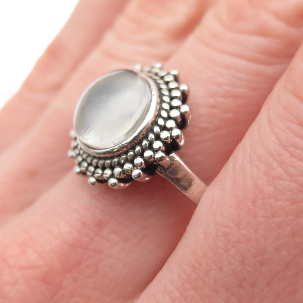 925 Sterling Silver Vintage Clear Crystal Sun Beaded Oxidized Ring Size 9