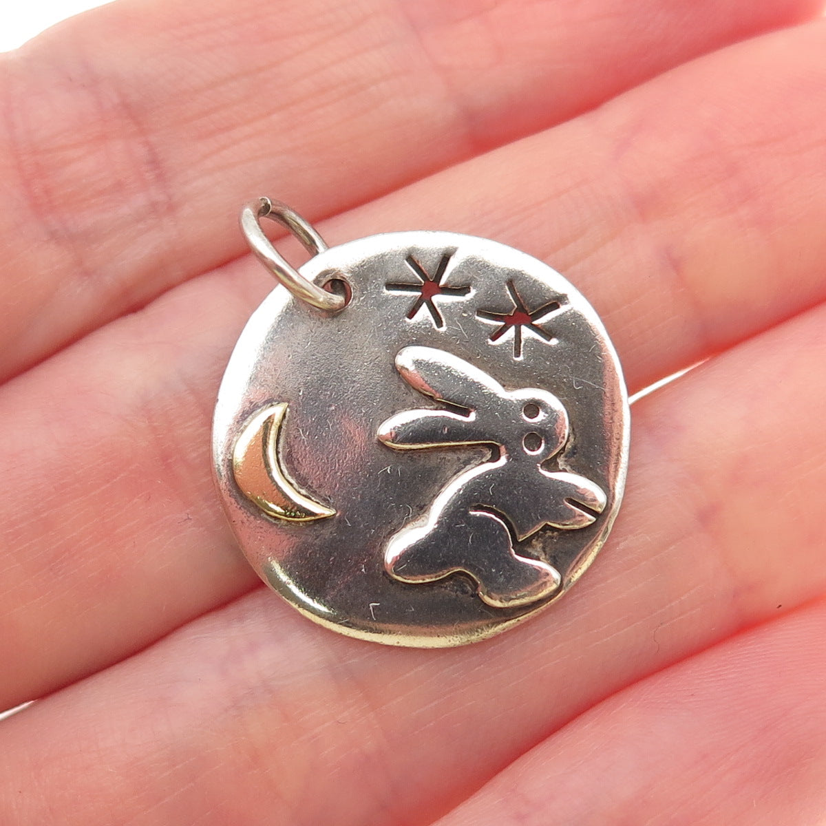 925 Sterling Silver 2-Tone Vintage AHD Mexico Rabbit Crescent Moon Charm Pendant