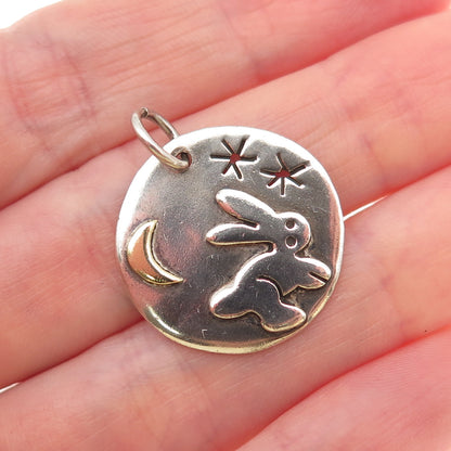 925 Sterling Silver 2-Tone Vintage AHD Mexico Rabbit Crescent Moon Charm Pendant