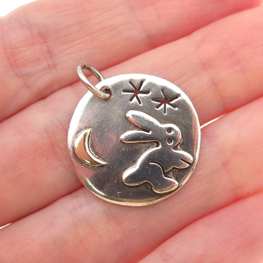 925 Sterling Silver 2-Tone Vintage AHD Mexico Rabbit Crescent Moon Charm Pendant