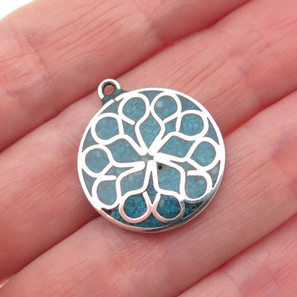925 Sterling Silver Vintage Real Turquoise Inlay Floral Charm Pendant