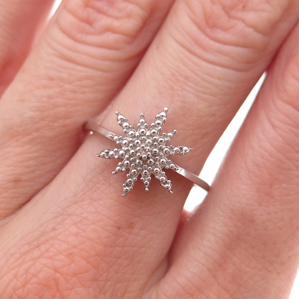 D'Joy 925 Sterling Silver Real Round-Cut Diamond Snowflake Ring Size 7.25