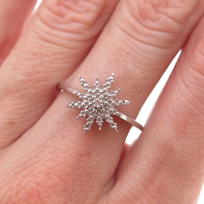 D'Joy 925 Sterling Silver Real Round-Cut Diamond Snowflake Ring Size 7.25