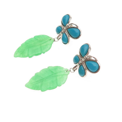 925 Sterling Silver Real Turquoise & Jade Butterfly Floral Dangle Earrings