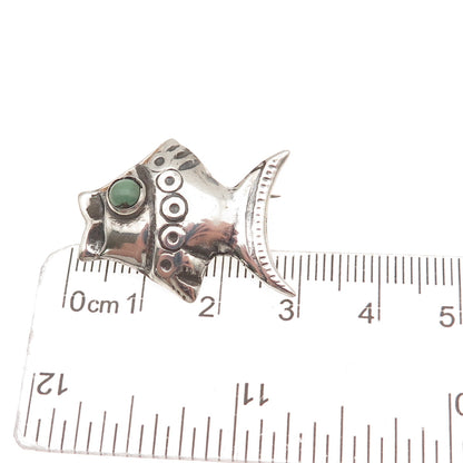 925 Sterling Silver Vintage Mexico Real Turquoise Fish Oxidized Pin Brooch