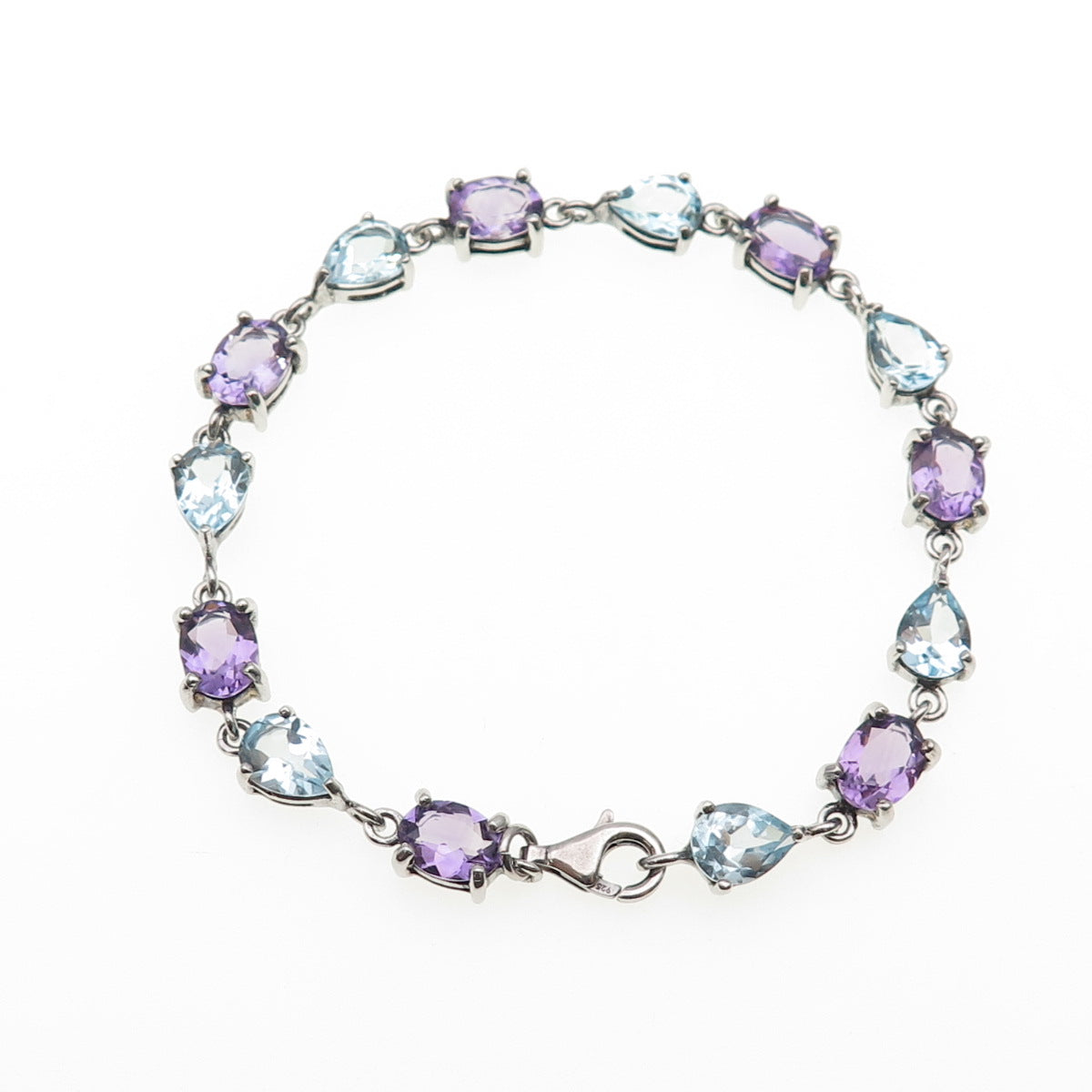 925 Sterling Silver Vintage Oval-Cut Amethyst & Pear-Cut Blue Topaz Bracelet 7"