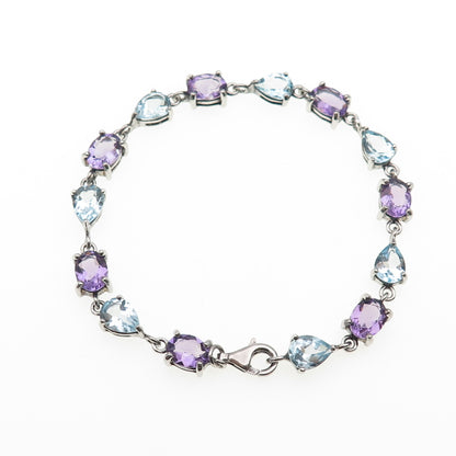 925 Sterling Silver Vintage Oval-Cut Amethyst & Pear-Cut Blue Topaz Bracelet 7"
