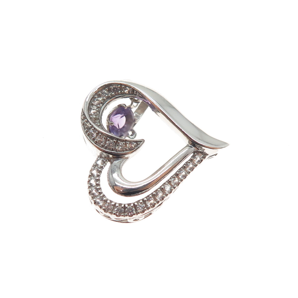 925 Sterling Silver Real Amethyst & White Topaz Heart Mini Slide Charm Pendant
