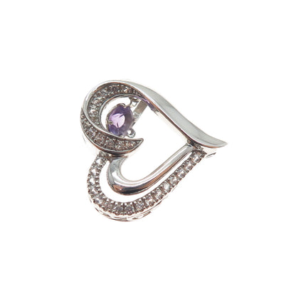 925 Sterling Silver Real Amethyst & White Topaz Heart Mini Slide Charm Pendant