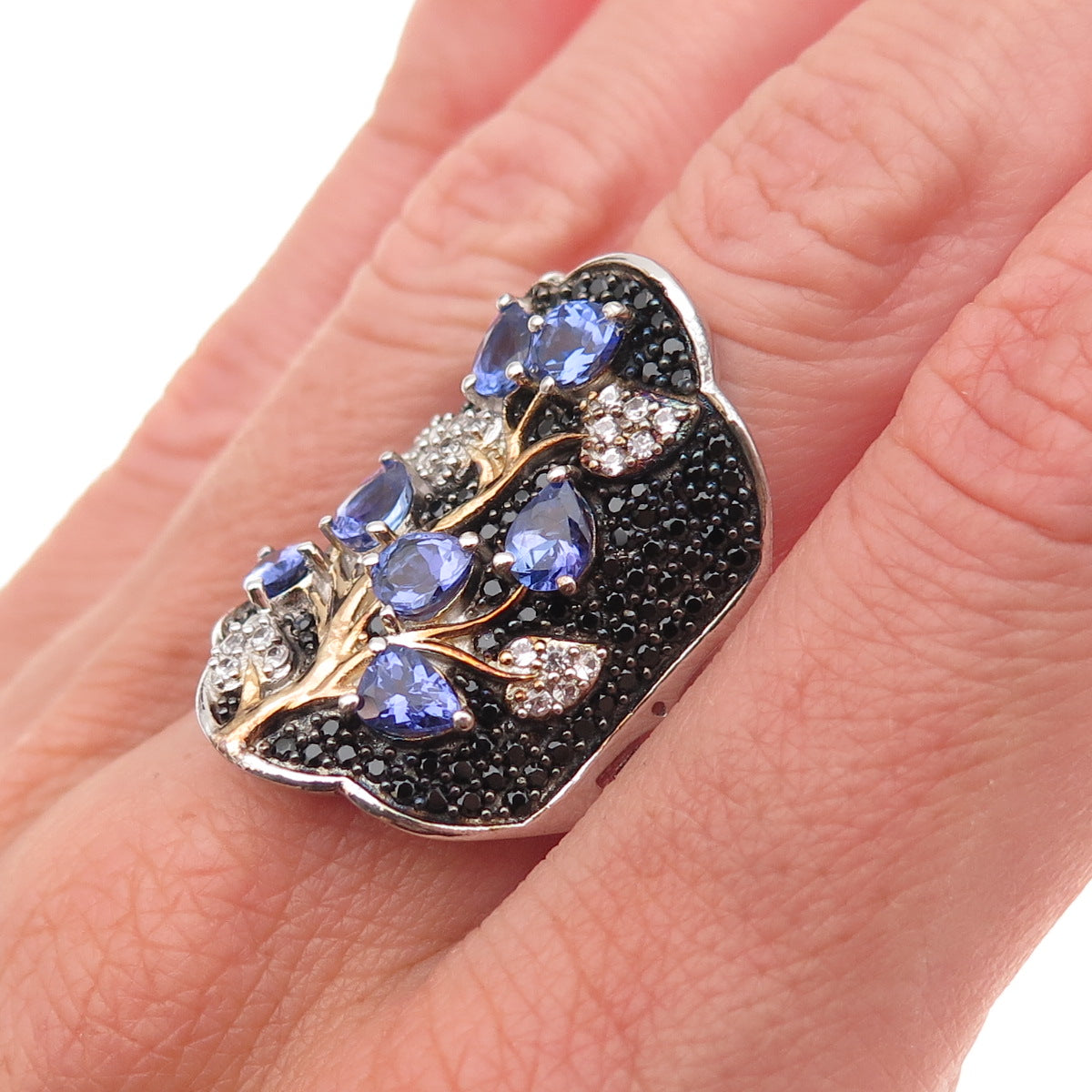 Chuck Clemency Sterling Silver 2-Tone Real Tanzanite Topaz Spinel Ring Size 8.25