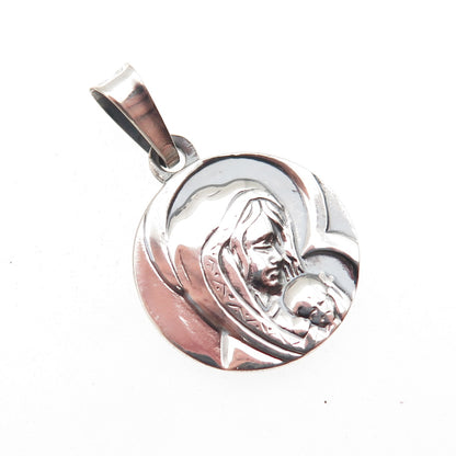 925 Sterling Silver Vintage Italy St Mary & Jesus Oxidized Charm Pendant