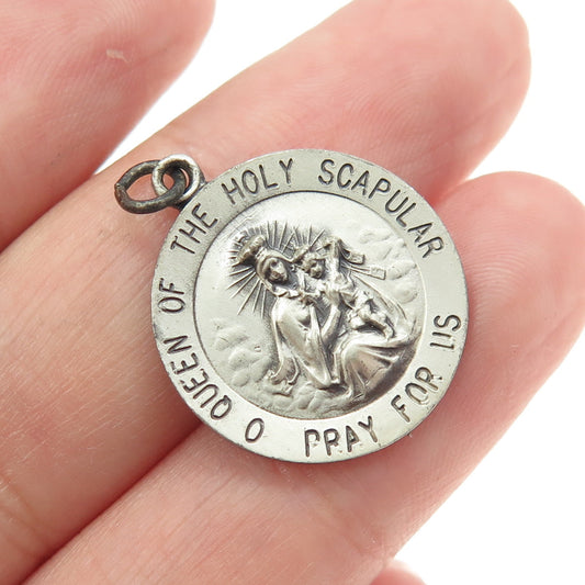 925 Sterling Silver Vintage O Queen of the Holy Scapular Medal Religious Pendant