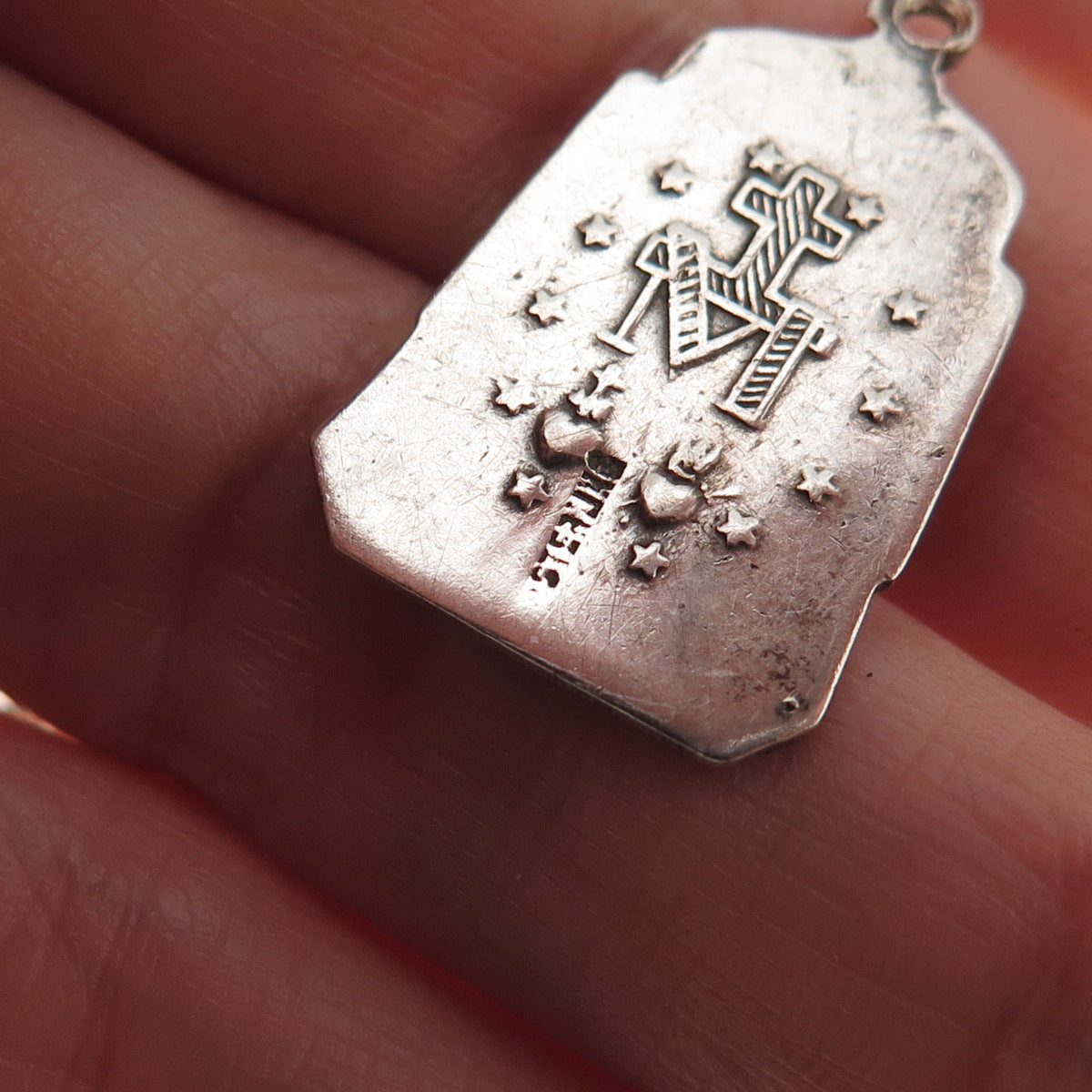 925 Sterling Silver Antique Art Deco St. Mary Miraculous Oxidized Charm Pendant