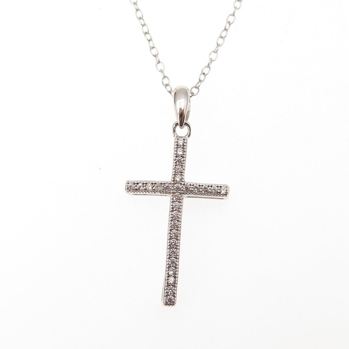 925 Sterling Silver Round-Cut C Z Cross Cable Chain Necklace 16-18"