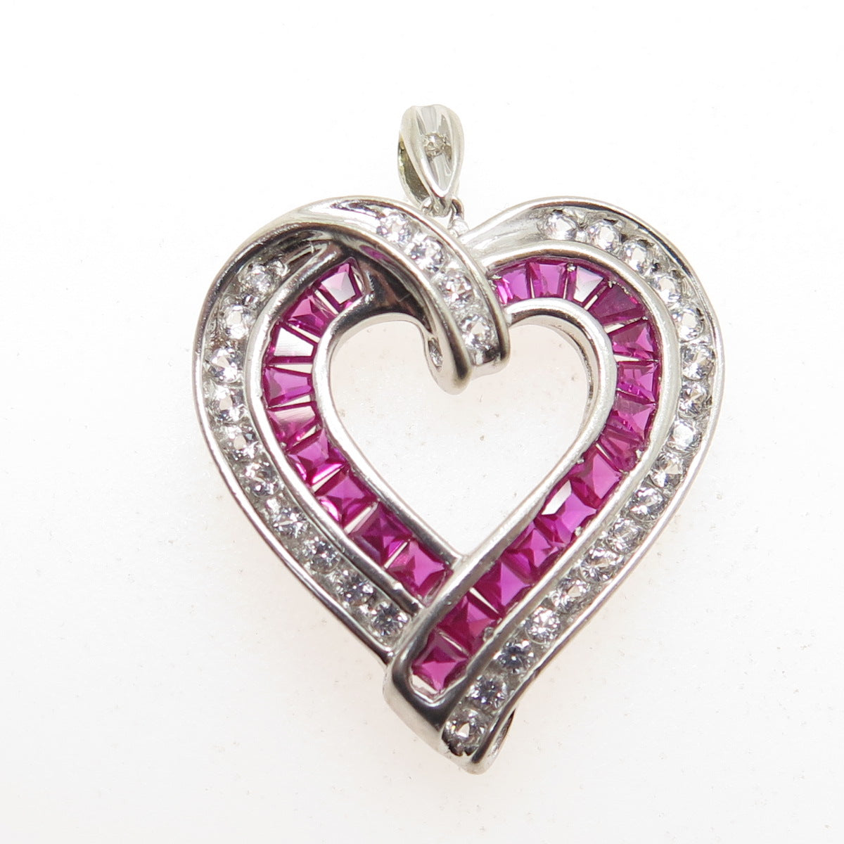 925 Sterling Silver Real Diamond White Topaz & Lab-Created Ruby Heart Pendant