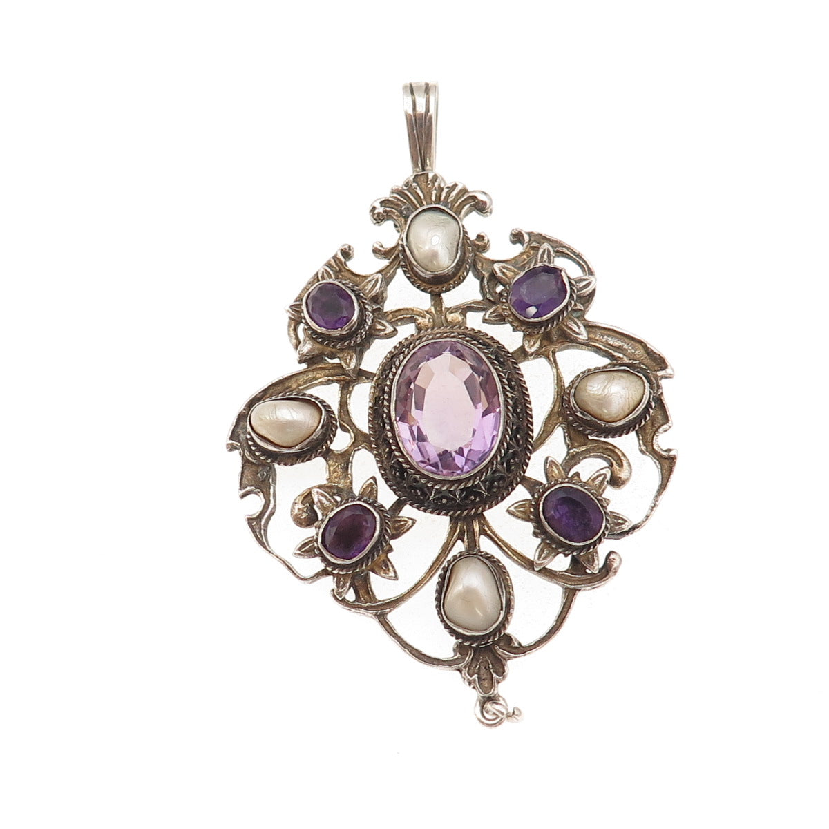 925 Sterling Silver Antique Victorian Real Amethyst & Pearl Oxidized Pendant