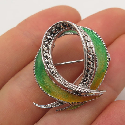 835 Silver Vintage Real Marcasite Gemstone & Colorful Enamel Pin Brooch