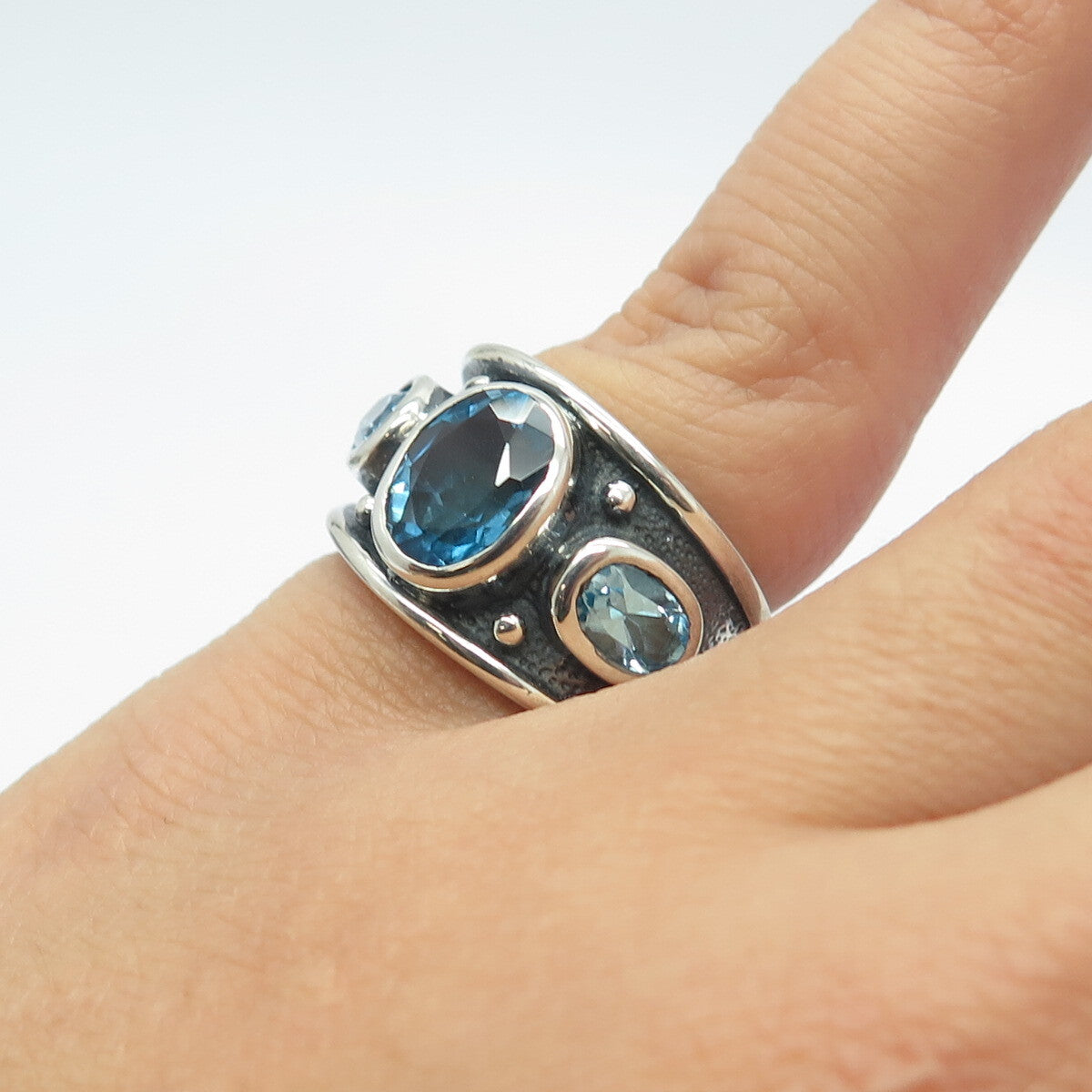 CLYDE DUNEIER CID 925 Sterling Silver Vintage Real Blue Topaz Ring Size 5.25