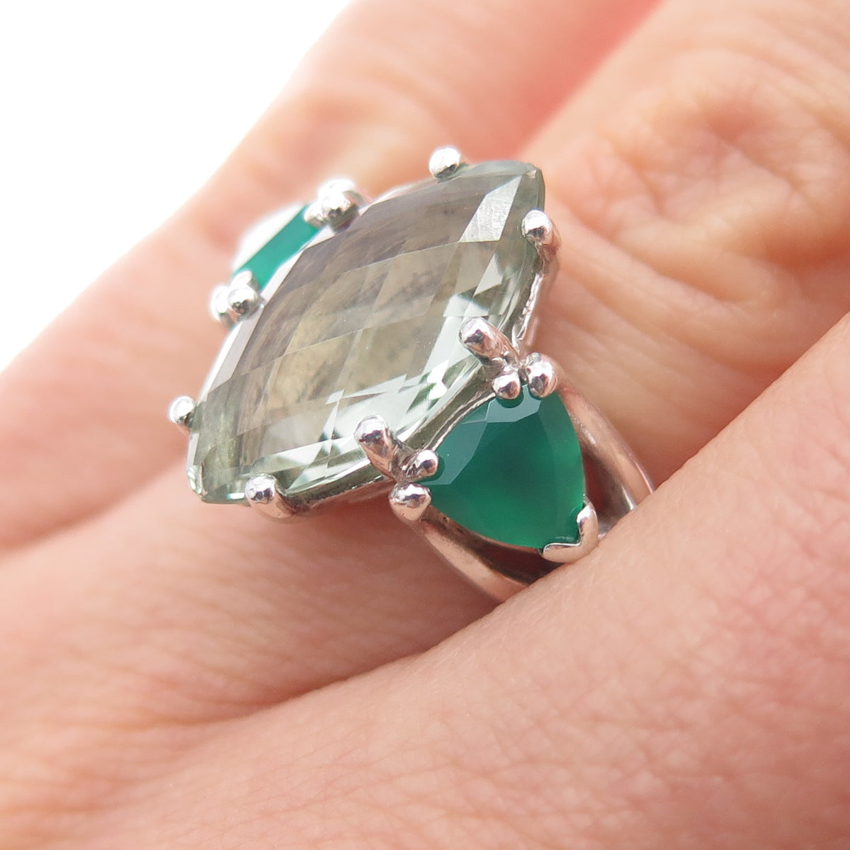 Joe & Betty Harbourne Sterling Vintage Ireland Green Onyx Amethyst Ring Size 6