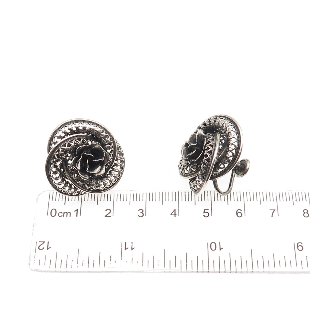 DANECRAFT Sterling Silver Antique Art Deco Flower Oxidized Screw Back Earrings