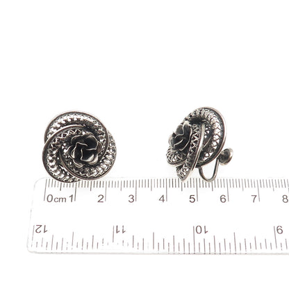 DANECRAFT Sterling Silver Antique Art Deco Flower Oxidized Screw Back Earrings