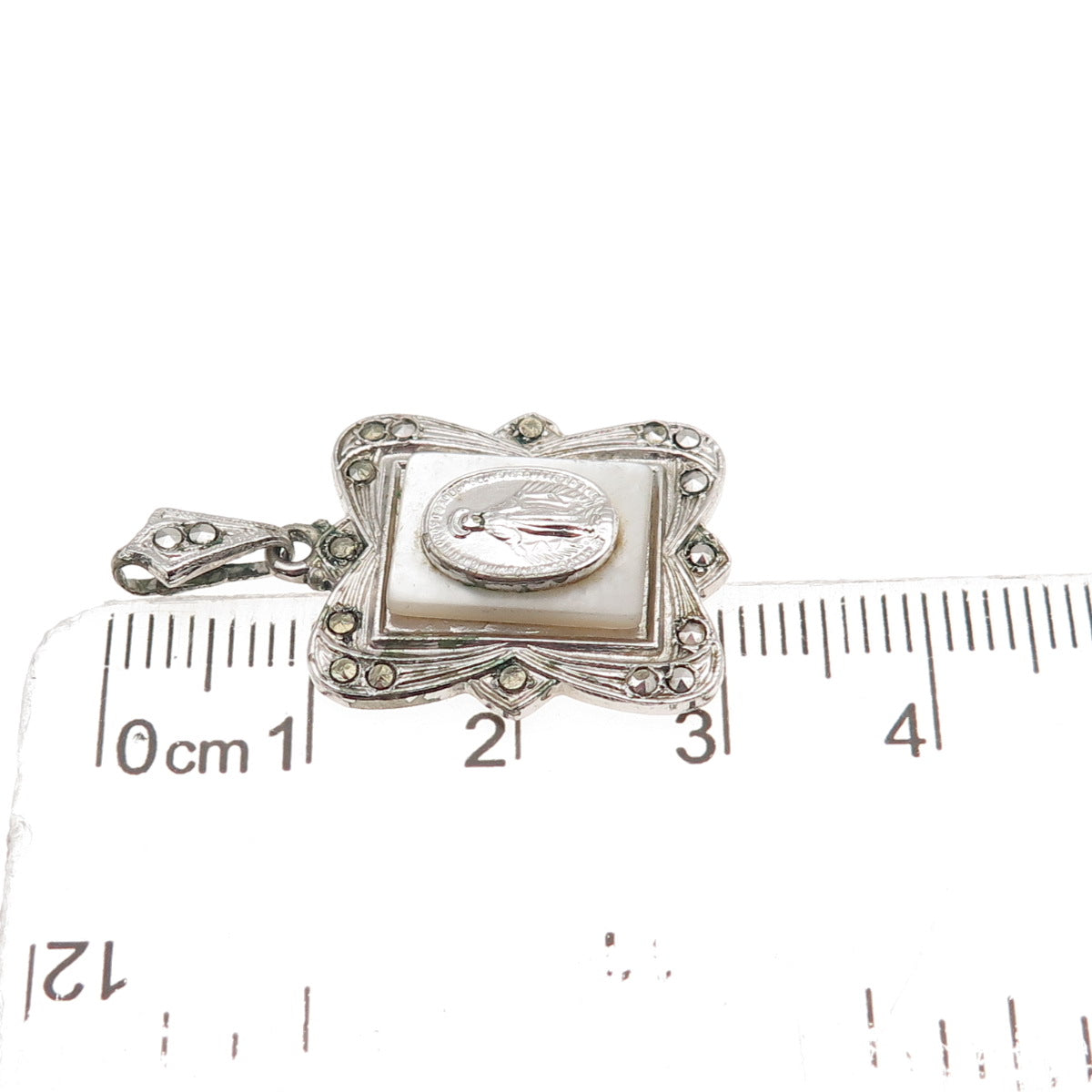 925 Sterling Silver Antique Art Deco Real MOP & Marcasite St. Mary Charm Pendant