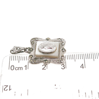 925 Sterling Silver Antique Art Deco Real MOP & Marcasite St. Mary Charm Pendant