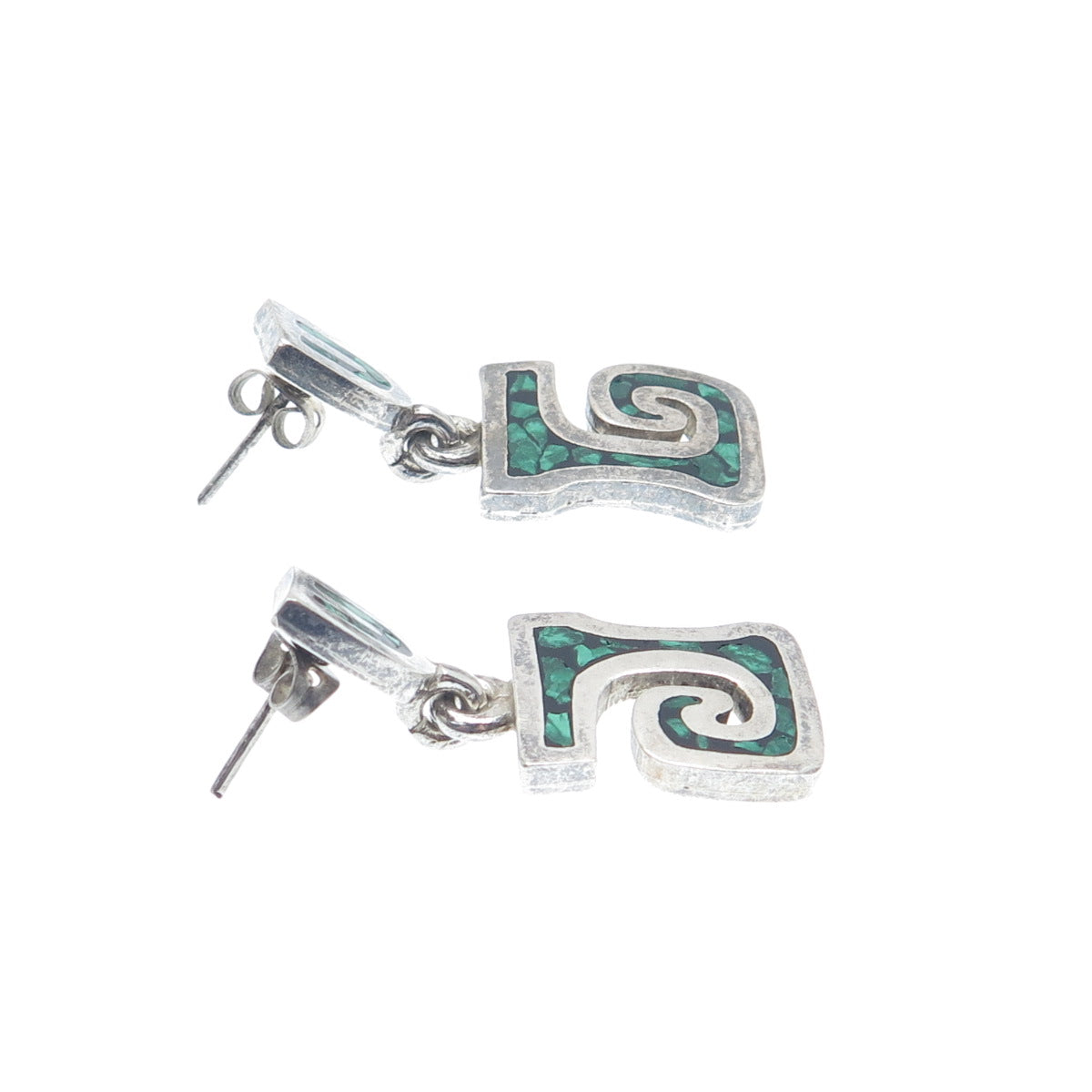 925 Sterling Silver Vintage Mexico Real Malachite Inlay Tribal Spiral Earrings