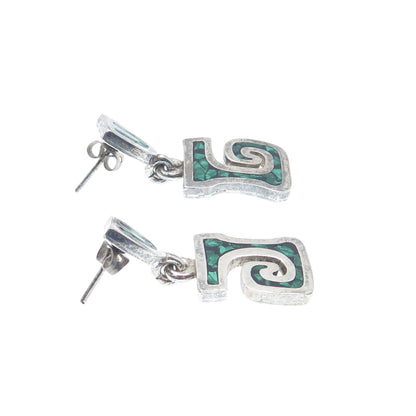 925 Sterling Silver Vintage Mexico Real Malachite Inlay Tribal Spiral Earrings