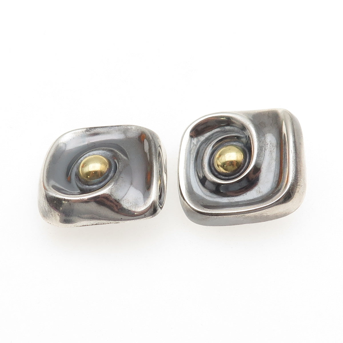 925 Sterling 2-Tone Vintage Mexico Modernist Spiral Oxidized Clip On Earrings