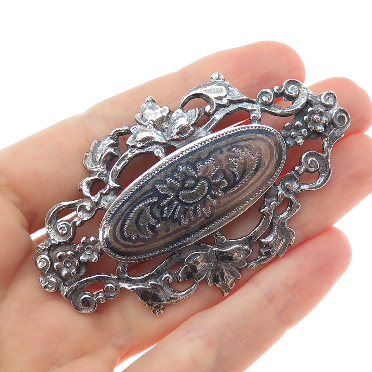 900 Silver Antique Art Deco Flower Oxidized Pin Brooch