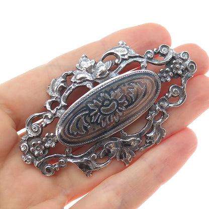 900 Silver Antique Art Deco Flower Oxidized Pin Brooch