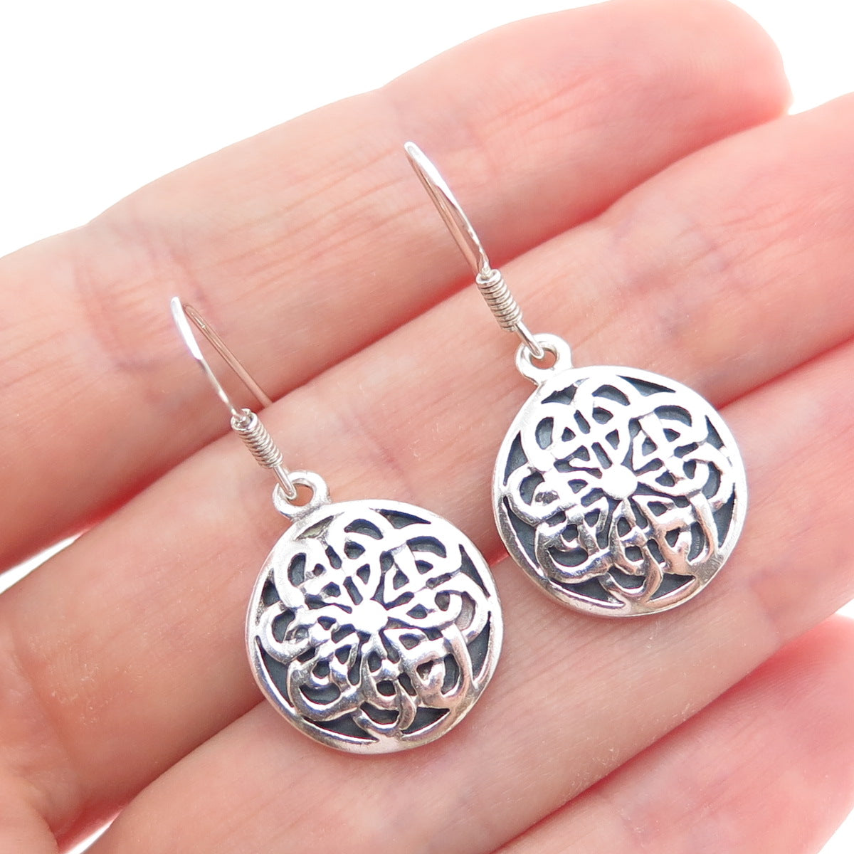 925 Sterling Silver Vintage Celtic Flower Oxidized Dangle Earrings