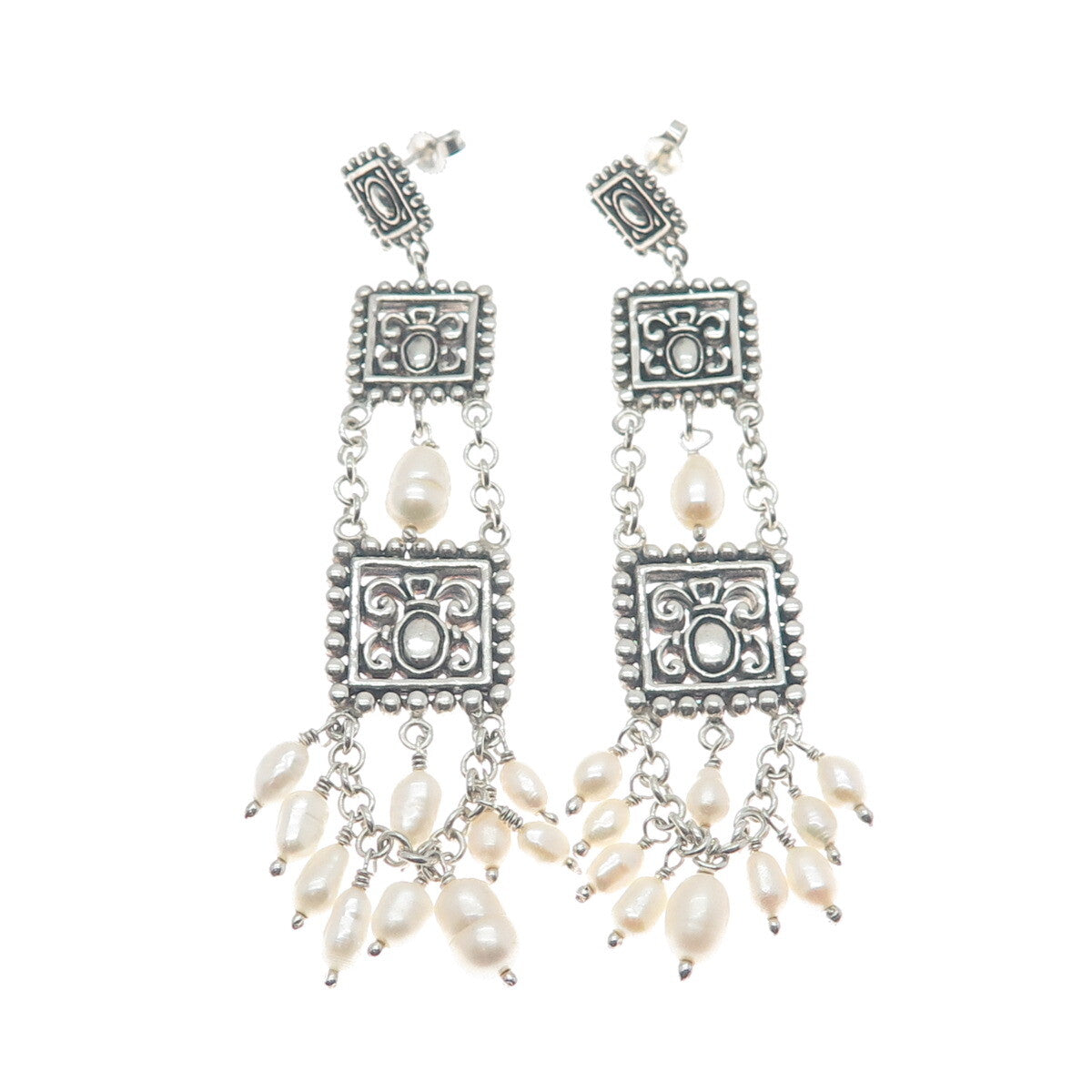 925 Sterling Silver Vintage Real Pearl Ethnic / Boho Dangling Earrings