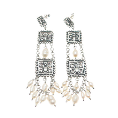 925 Sterling Silver Vintage Real Pearl Ethnic / Boho Dangling Earrings