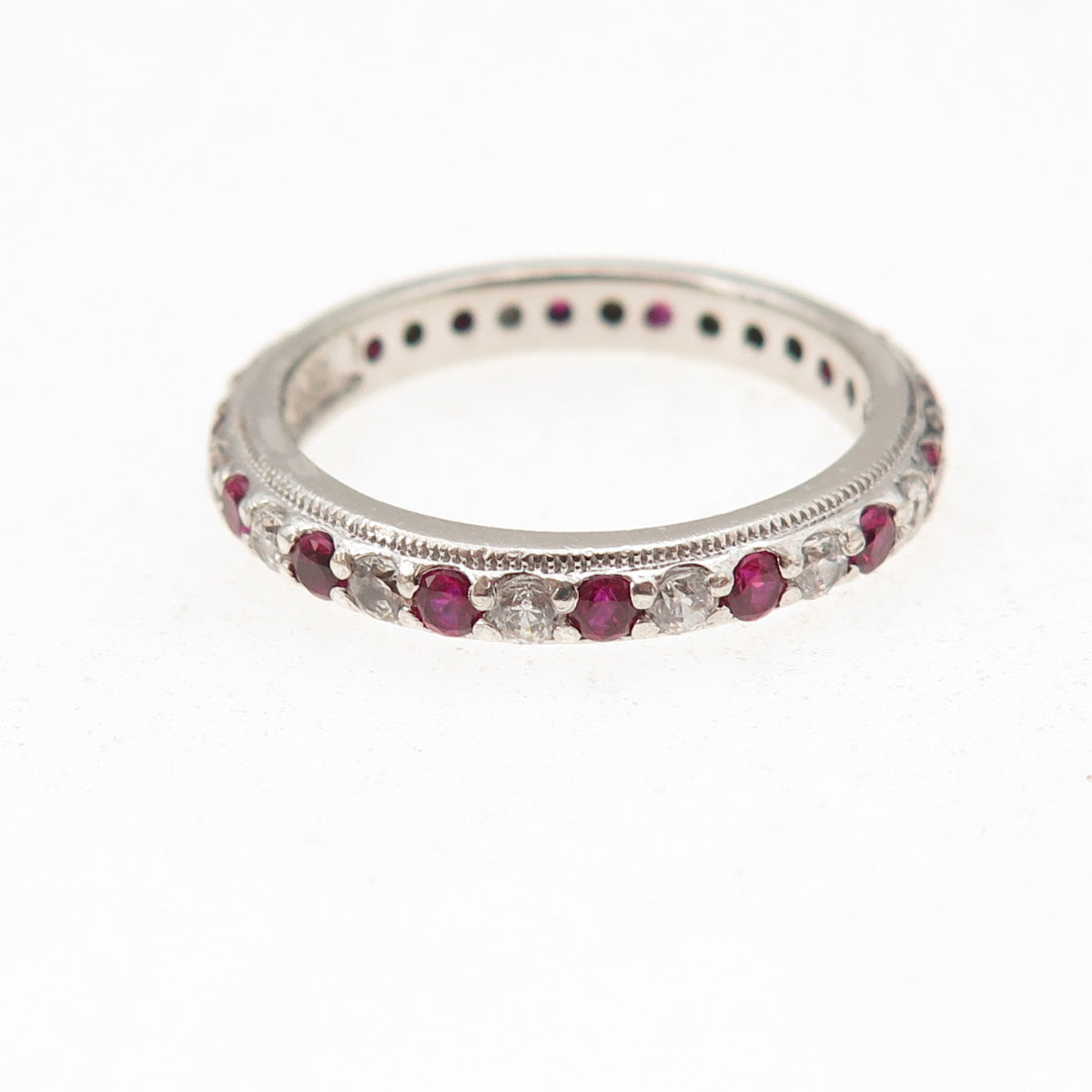 Tacori 925 Sterling Silver Lab-Created Ruby & C Z Eternity Band Ring Size 7.25